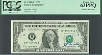 Fr.1909-B, 1977 $1 FRN, Treasury Secretary Blumenthal Autograph, B17563934F, ChCU, PCGS63-PPQ